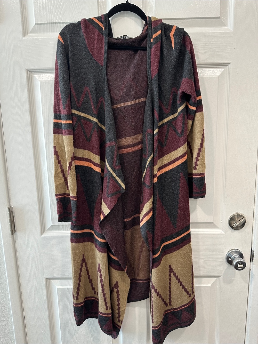 Foreign Exchange Open-Front Hooded Aztec Cardigan - Burgundy/Gray/Tan